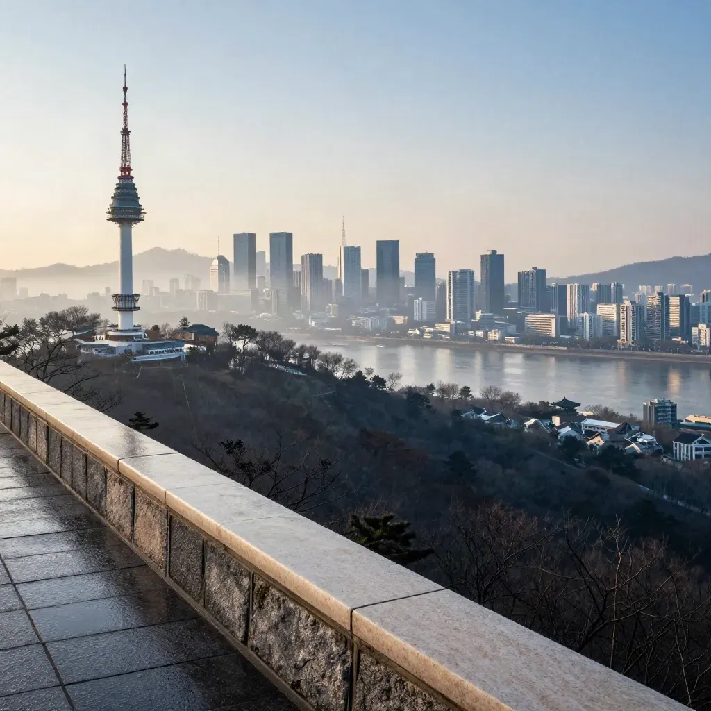 새벽 안개 속 서울 전경과 남산타워가 보이는 산 전망대 풍경